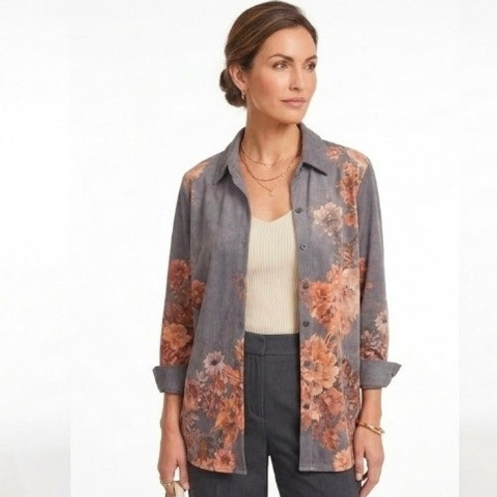 Solitaire Nola by Soft Surroundings Gray Floral Shirt Size M Faux Suede